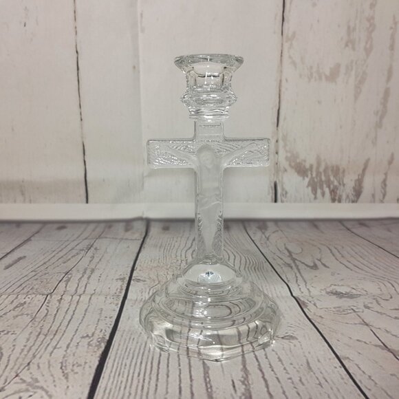 Cross Glass Candle Holder INRI Frosted Jesus Crucifix - Picture 2 of 9